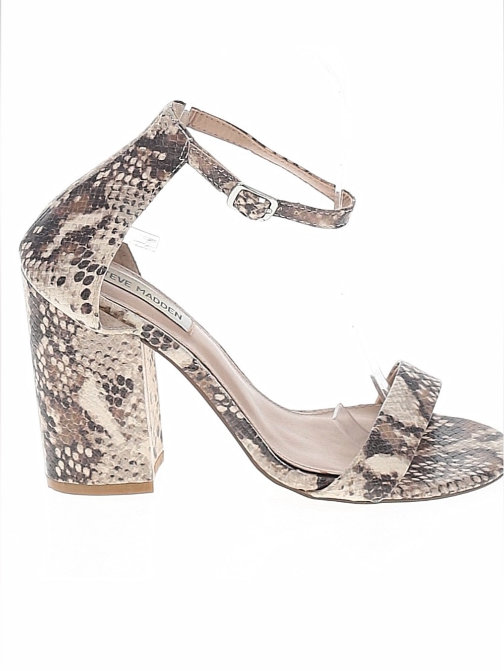 Steve Madden Snake-Print Block Heel Sandal in Beige and Brown 7.5